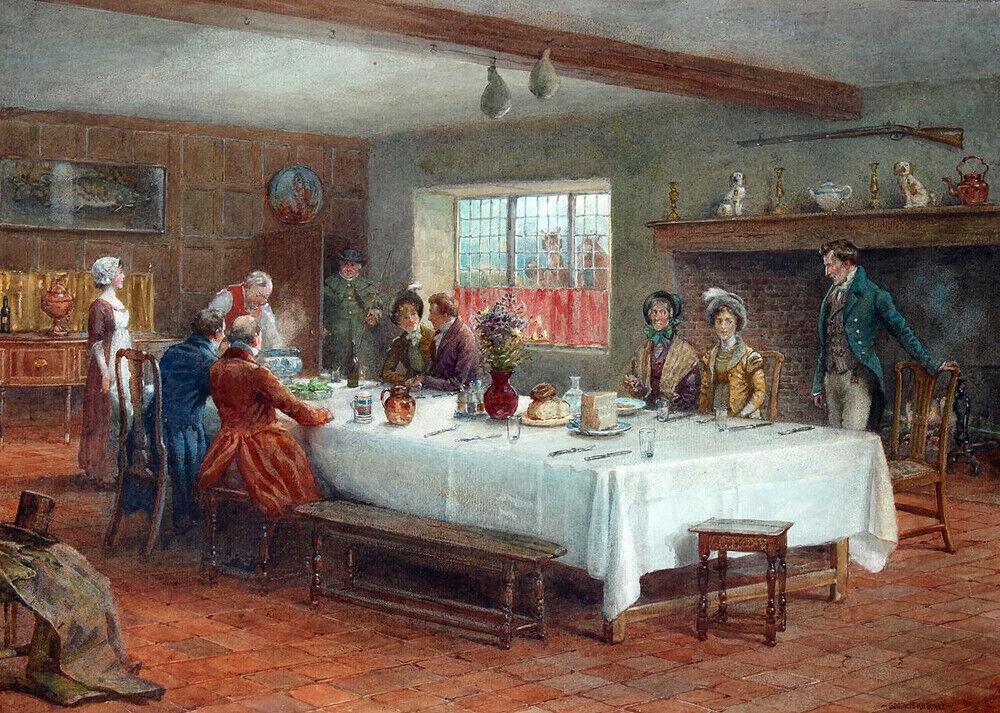 Oil painting happy family A-meal-stop-at-a-coaching-inn-George-Goodwin-Kilburne