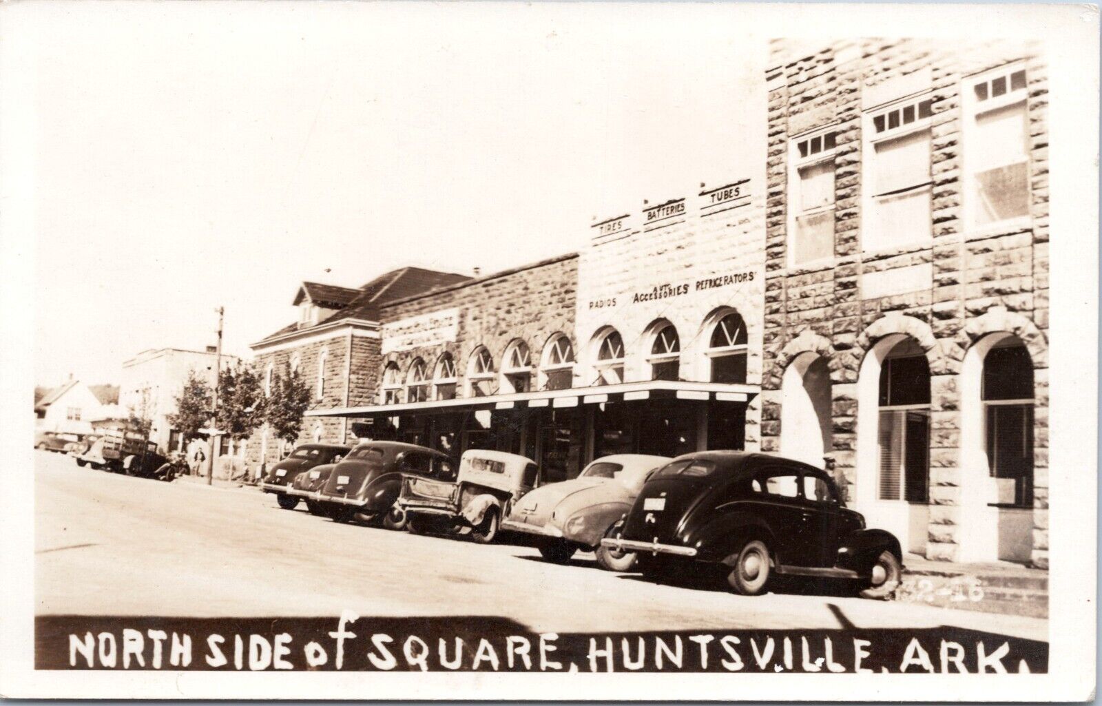 Northside of Square, Huntsville, Arkansas- RPPC Photo Postcard c1940s - Old Cars