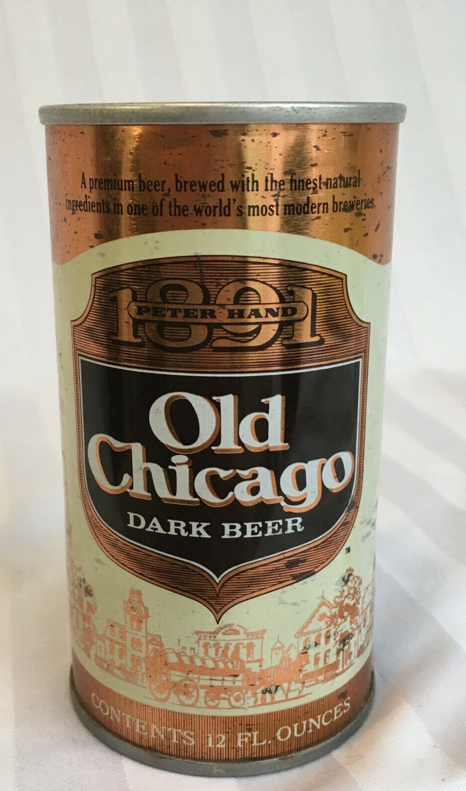 Old Chicago Dark Beer Can 12 oz Pull Tab Top Opened Empty Beer Peter Hand