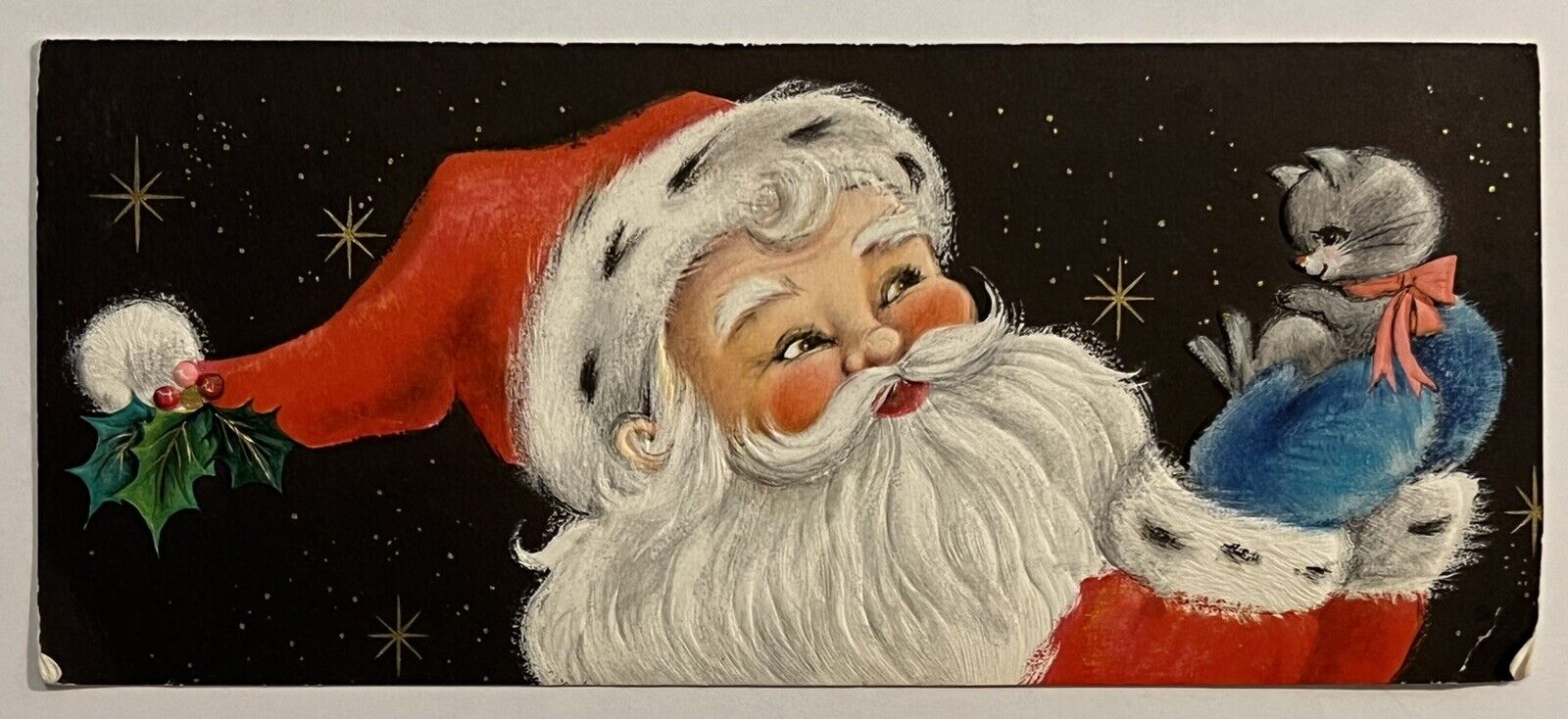 VINTAGE HALLMARK CHRISTMAS GREETING CARD SANTA CLAUS AND KITTEN #89CX 63-7C