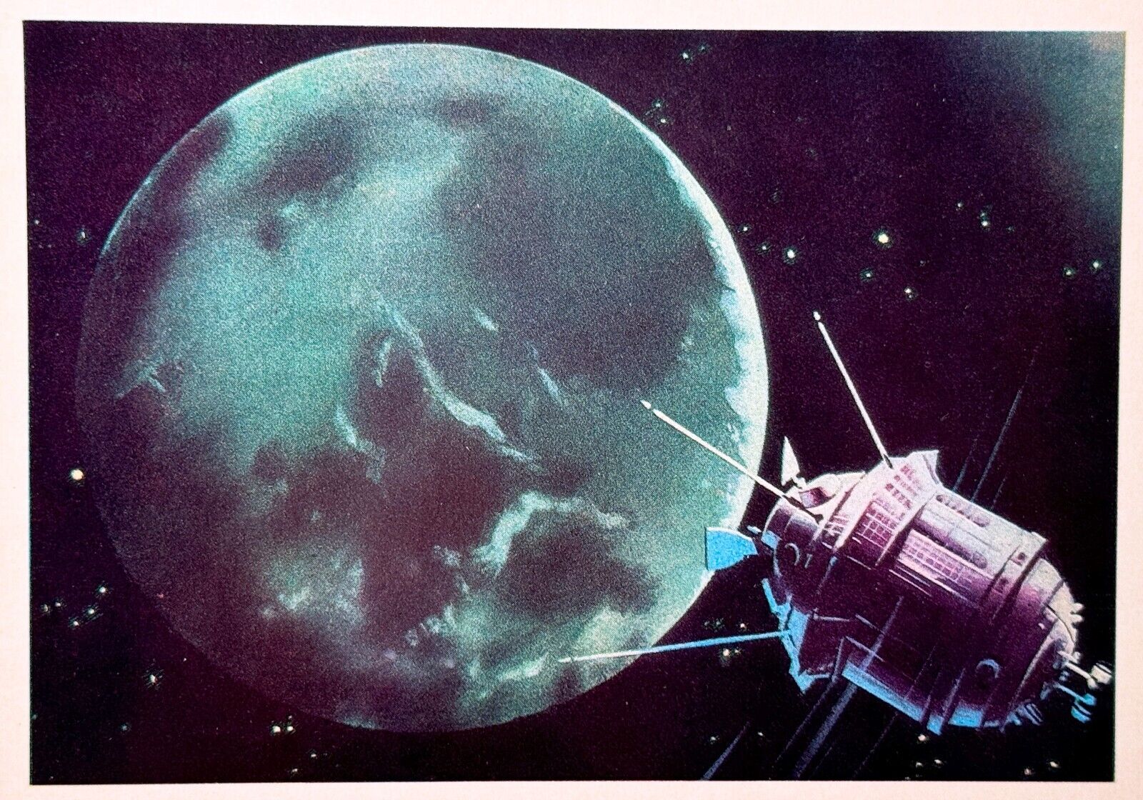 1971 Spaceship Flying around the Moon Space Art Vintage Postcard