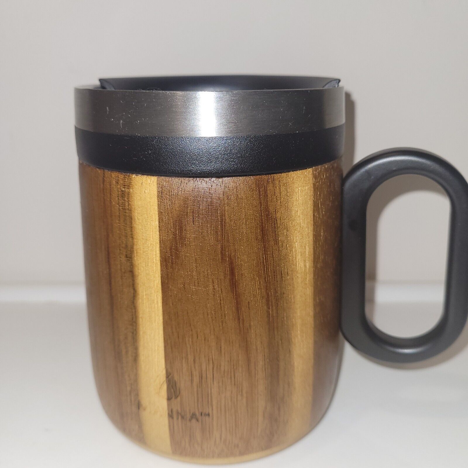 MANNA™~ Chalet Acacia Wood Double Wall Stainless Steel 12oz Travel Mug w Sip Lid