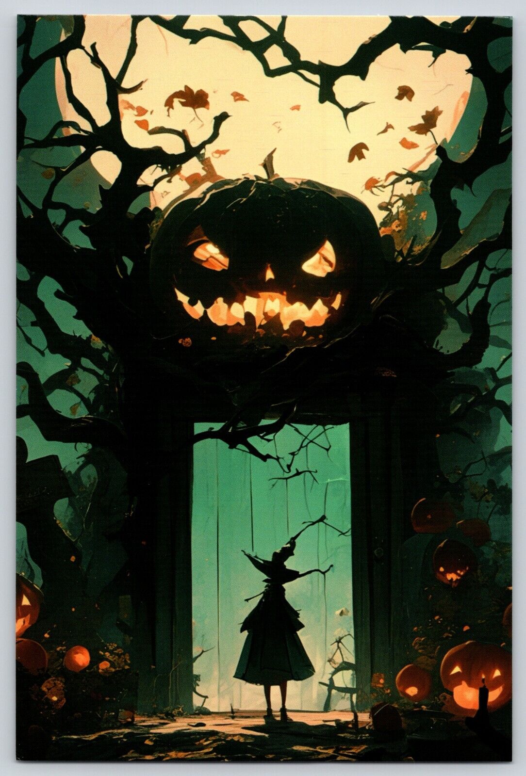 Postcard Witch at Wooden Gateway with Dark Jack-o\'-lantern Halloween Spooky