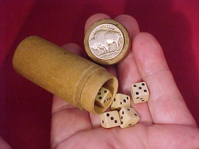Antique Gambling Five Bone Dice Buffalo Nickle Cap Wooden Pocket Case BOVINE Lot