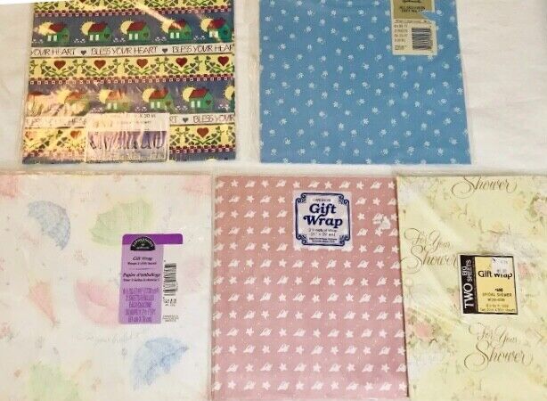Lot of 5 Packages of Vintage Brand Name Folded Wrapping Paper Gift Wrap Variety