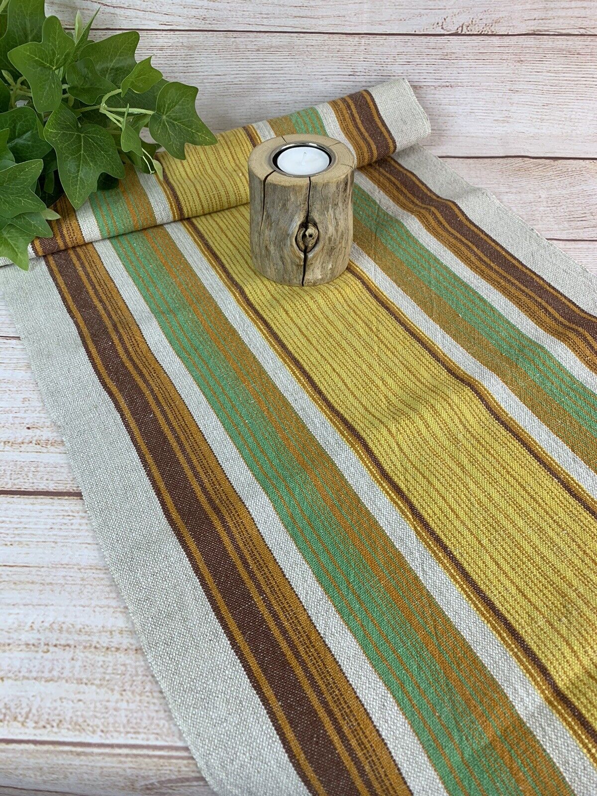 Swedish Vintage Hand Woven Striped Table Runner Natural Brown Green Yellow 52x16