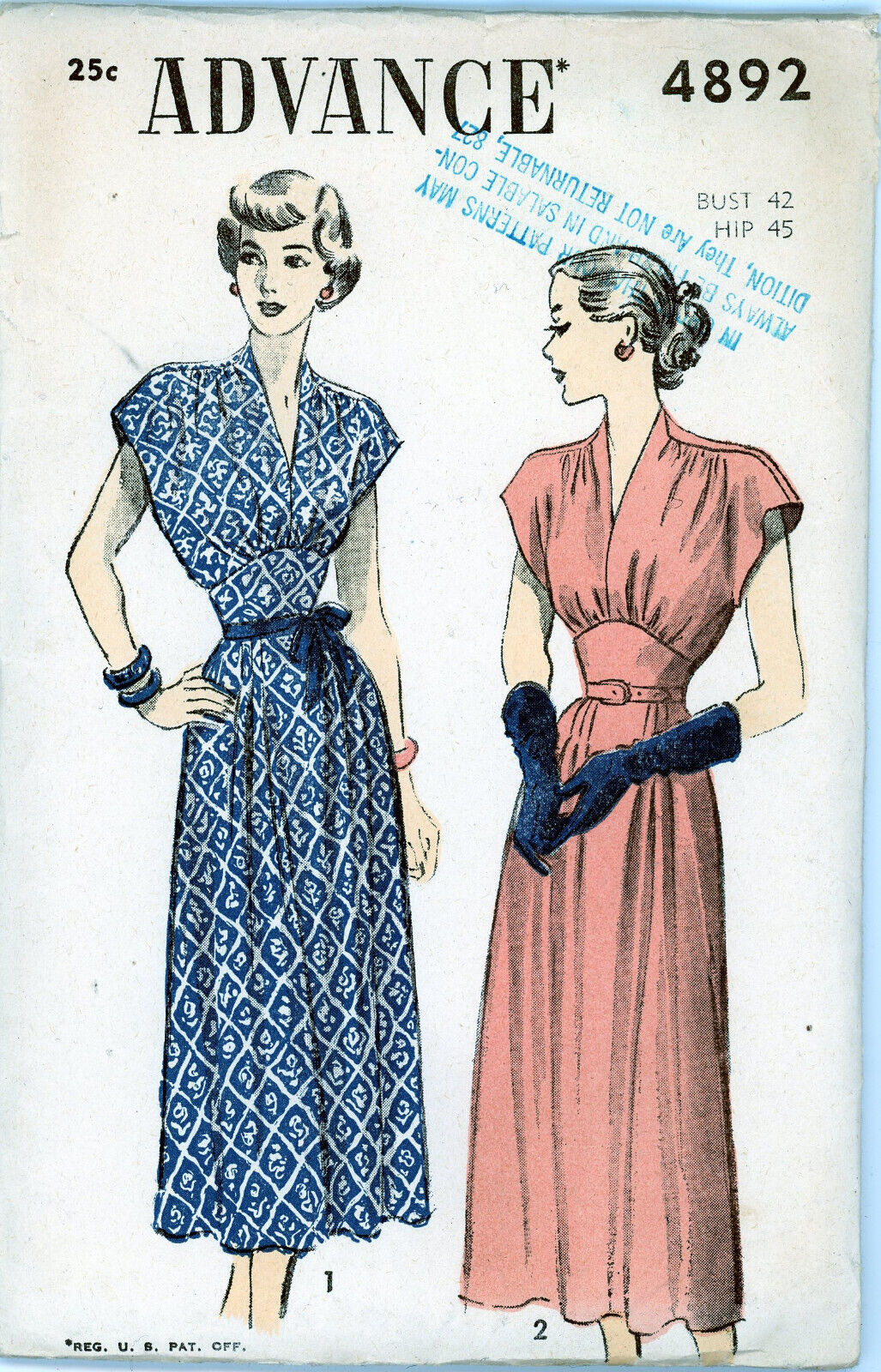 Vintage Advance Sewing 1940\'s Pattern 4892 Women\'s Dress Bust Size 42 Hips 45