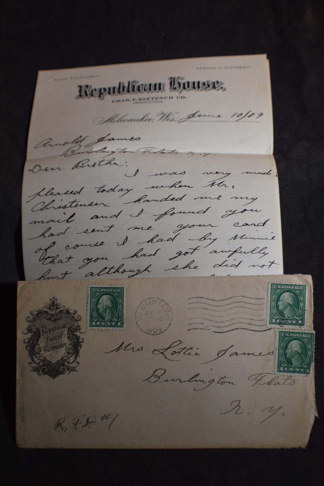 1909 The Republican House, Milwaukee, Wis. Envelope & Letterhead