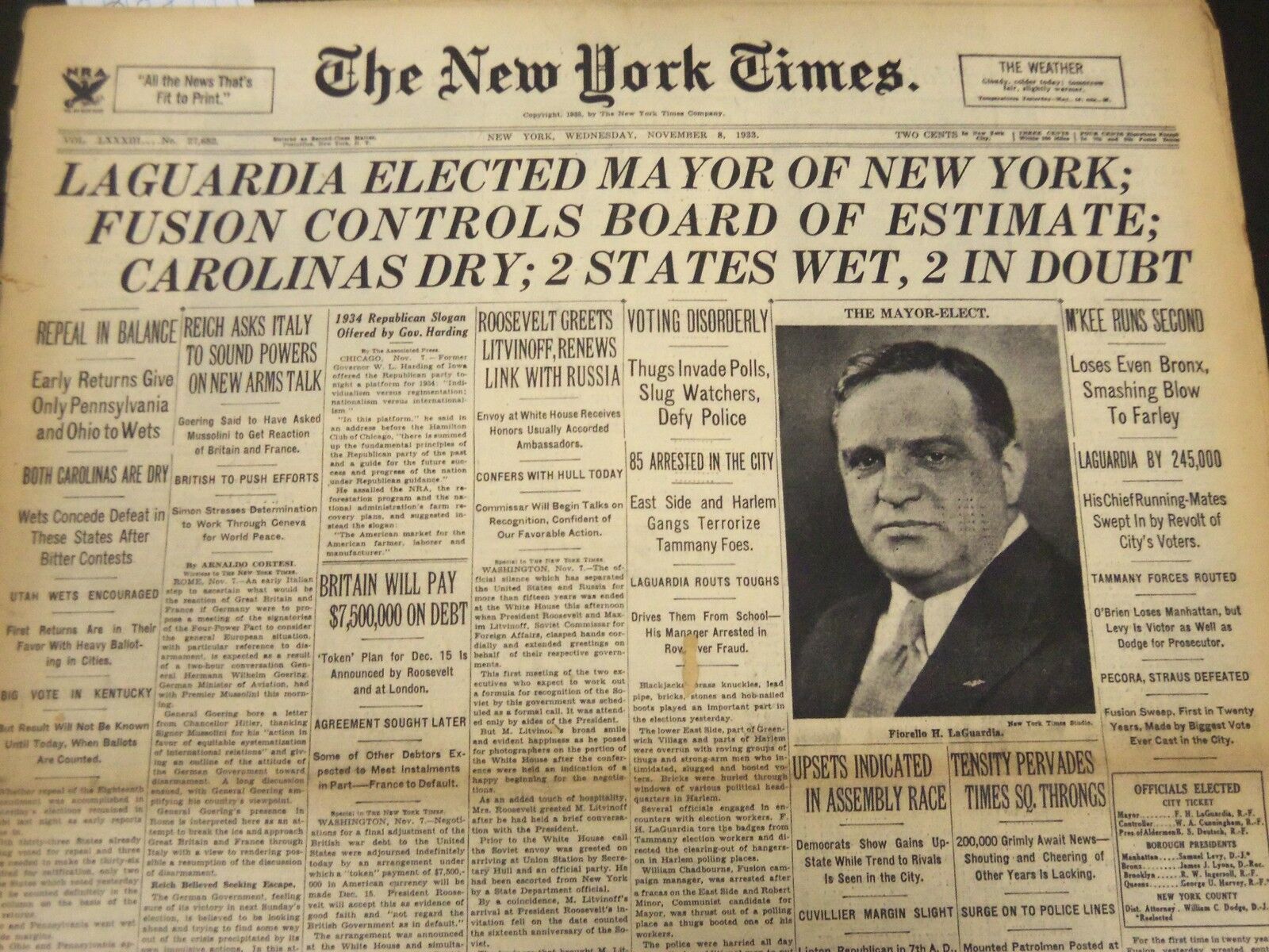 1933 NOVEMBER 8 NEW YORK TIMES - LAGUARDIA ELECTED MAYOR OF NEW YORK - NT 5263