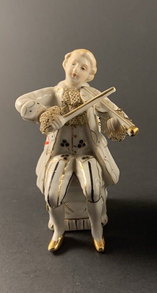 Dresden Lace Style Figurine Violin Player Seated Gold Trim