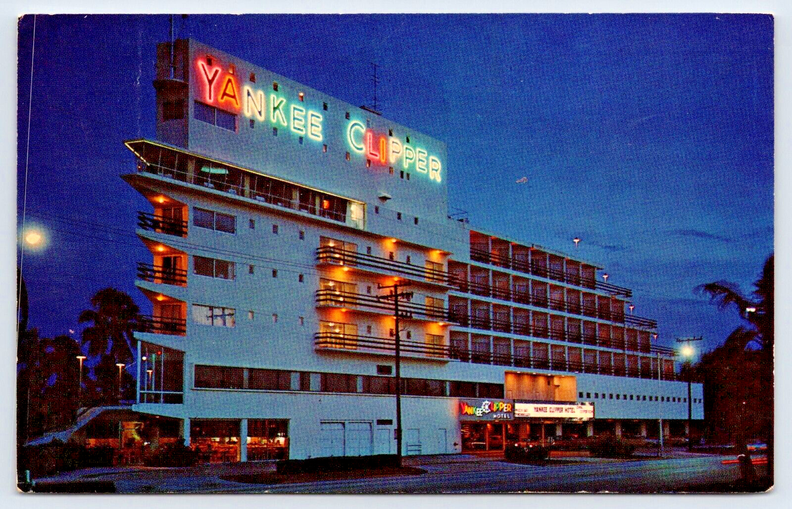 Iconic Yankee Clipper Hotel Night Scene Neon Roof Sign Las Vegas NV Postcard A16
