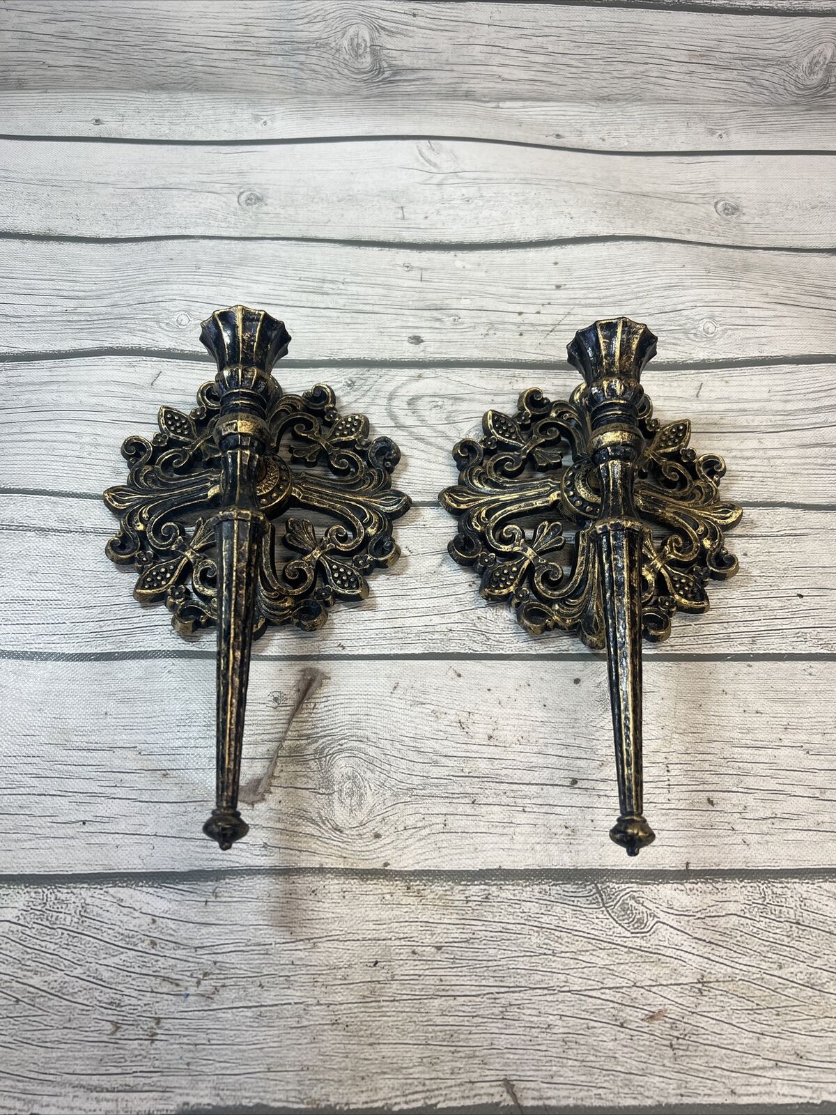 Vintage Pair Homco Gothic Black and Gold Wall Sconce Candleholders MCM