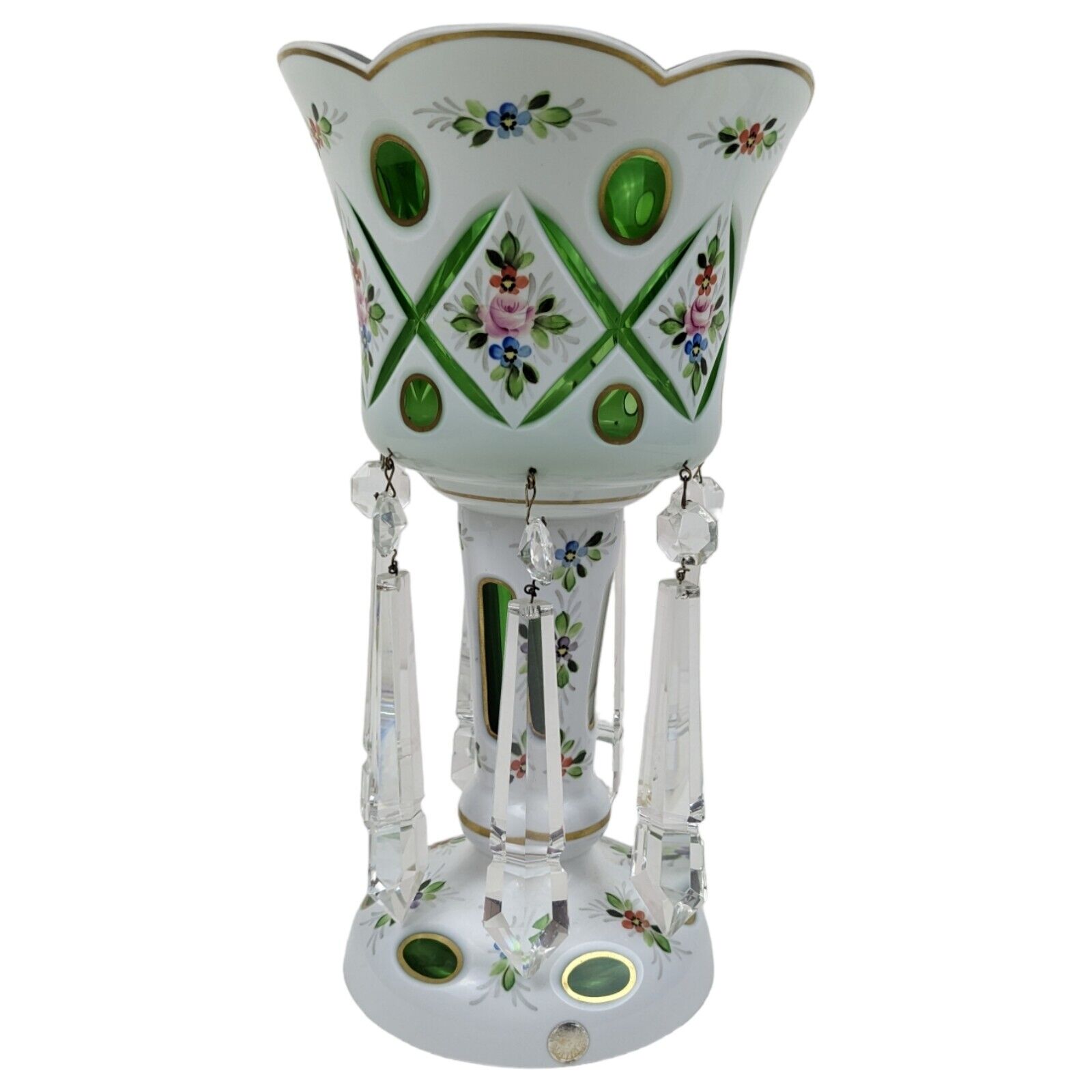 Large Bohemian German White Cut to Green Glass Mantle Lusters with Spear Prisms