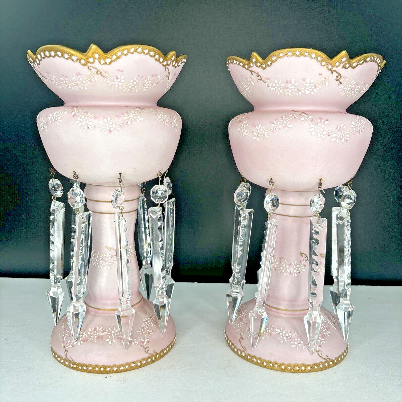 Pair 2 Victorian Pink Frosted Glass Mantle Lusters w/ Spear Cut Crystal Prisms