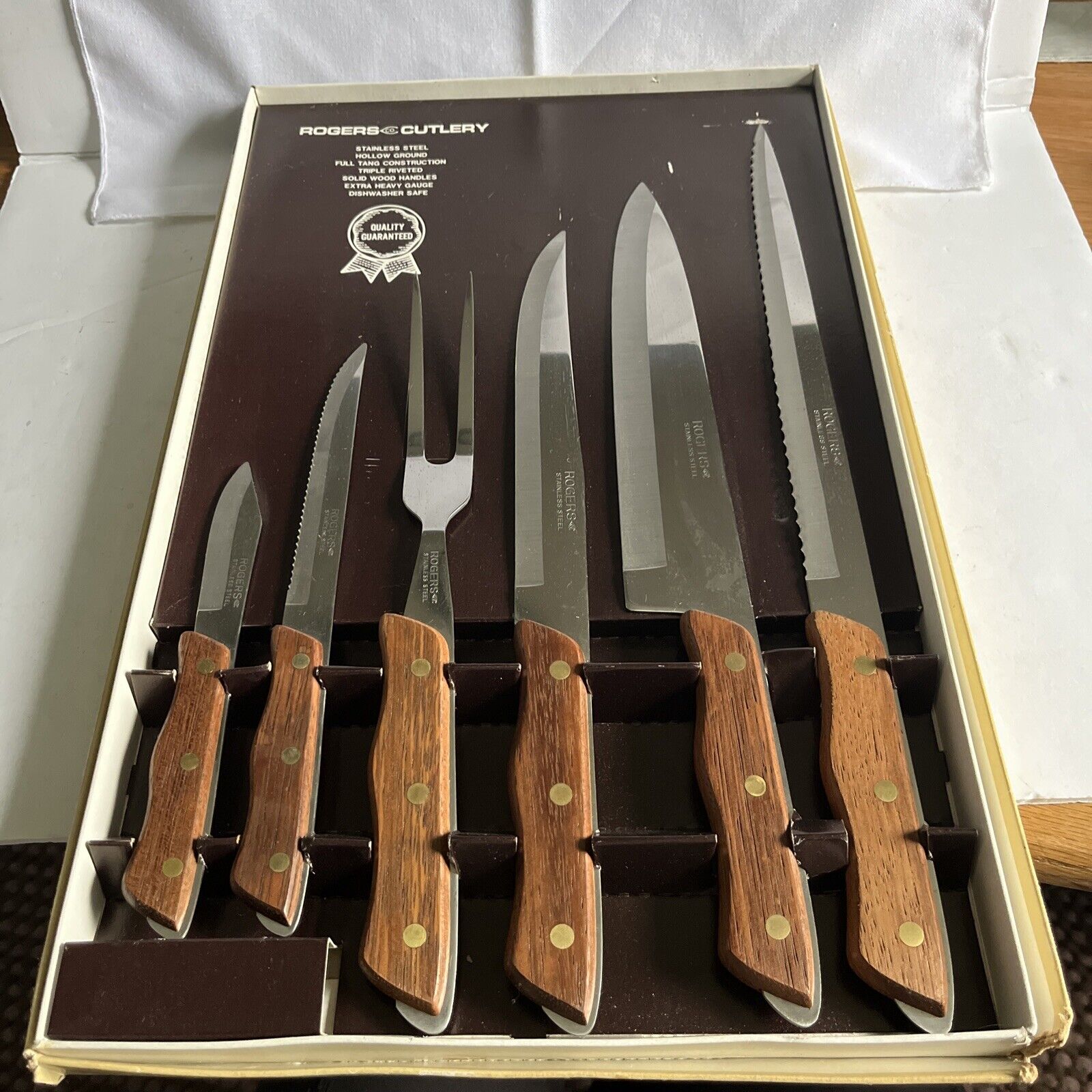 Vintage Rogers Cutlery 6 Piece Carving & Knife Set NOS Wood Handles