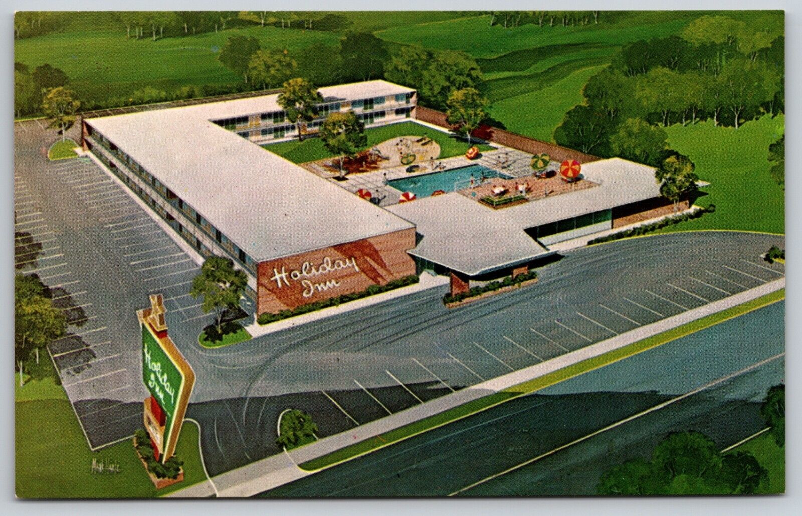 Holiday Inn Olney Illinois - Motel - Artist Concept - Aerial 1960 Postcard