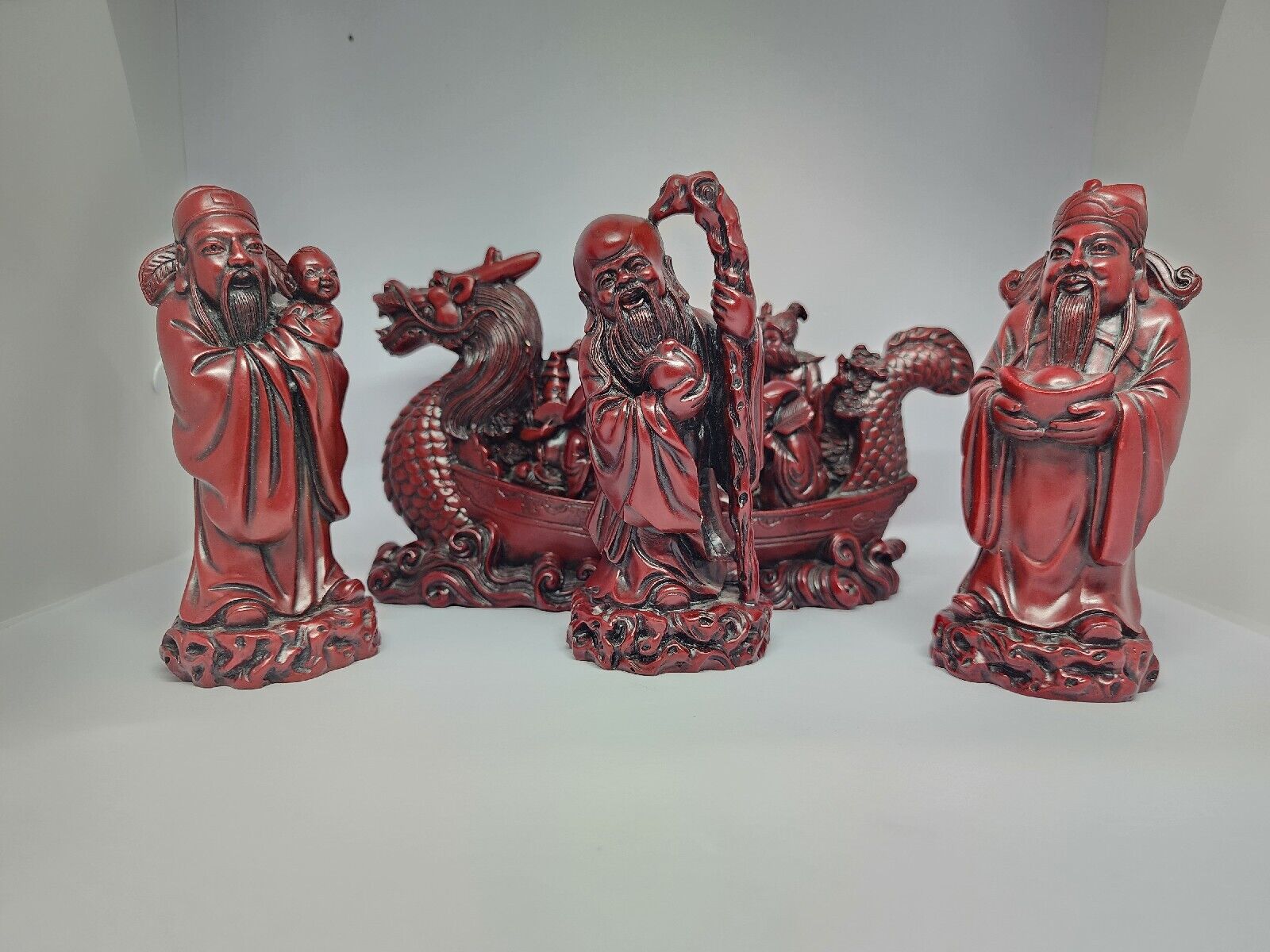 Vintage Chinese Red Resin Dragon Boat With 3 Gods Statues  Good Luck Figurines 