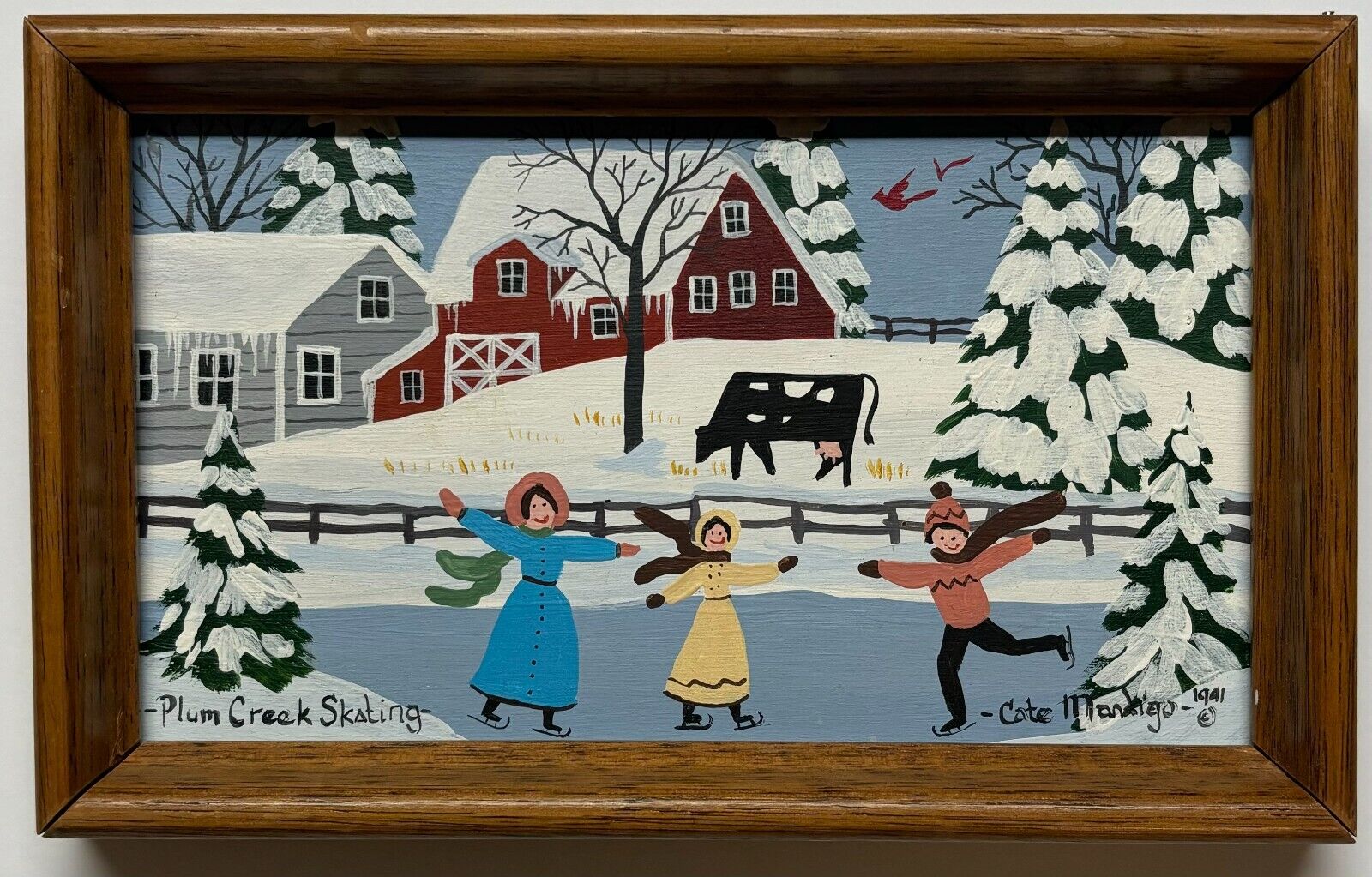 Original CATE MANDIGO \'Plum Creek Skating\' Winter Children FOLK ART Oil Painting