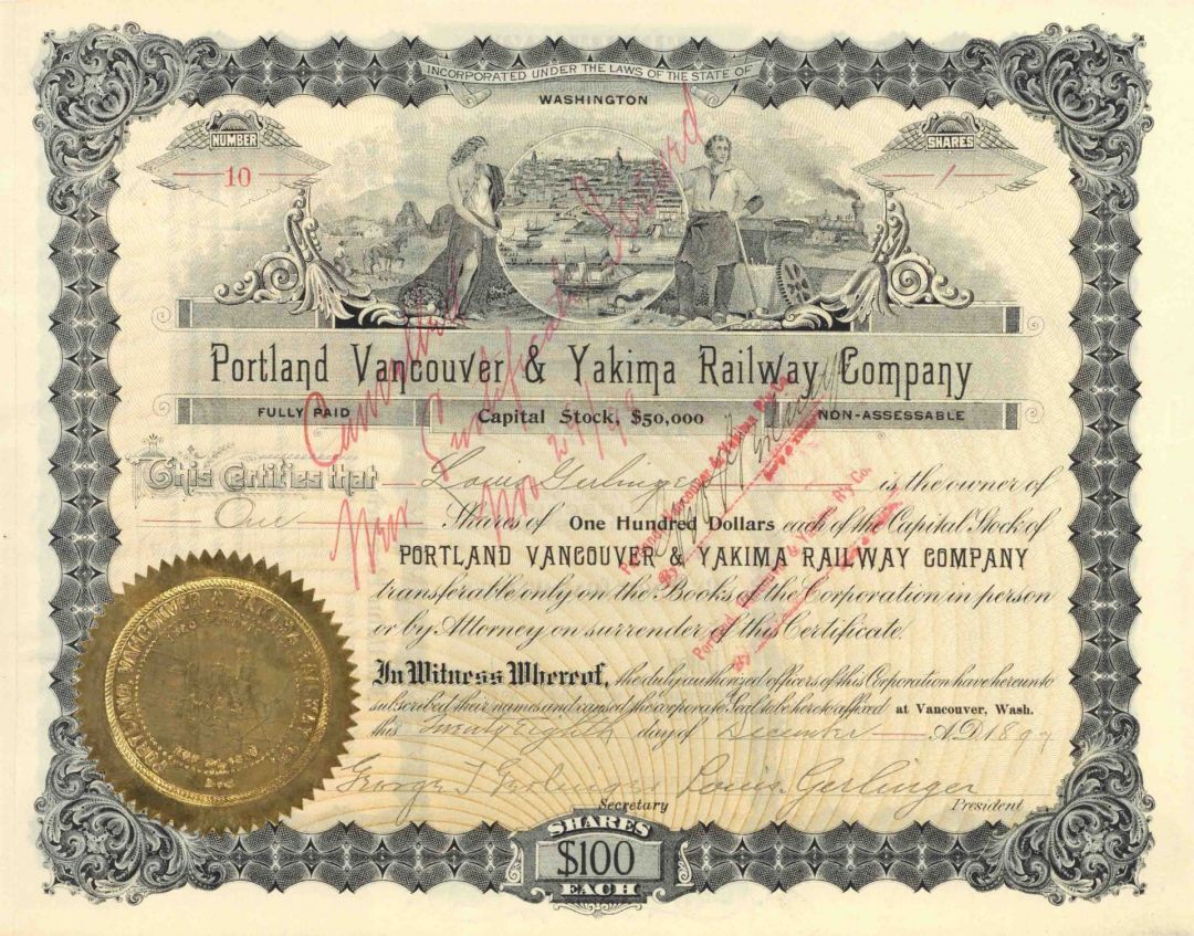 Portland Vancouver and Yakima Railway Co. signed by Louis Gerlinger - Railroad S