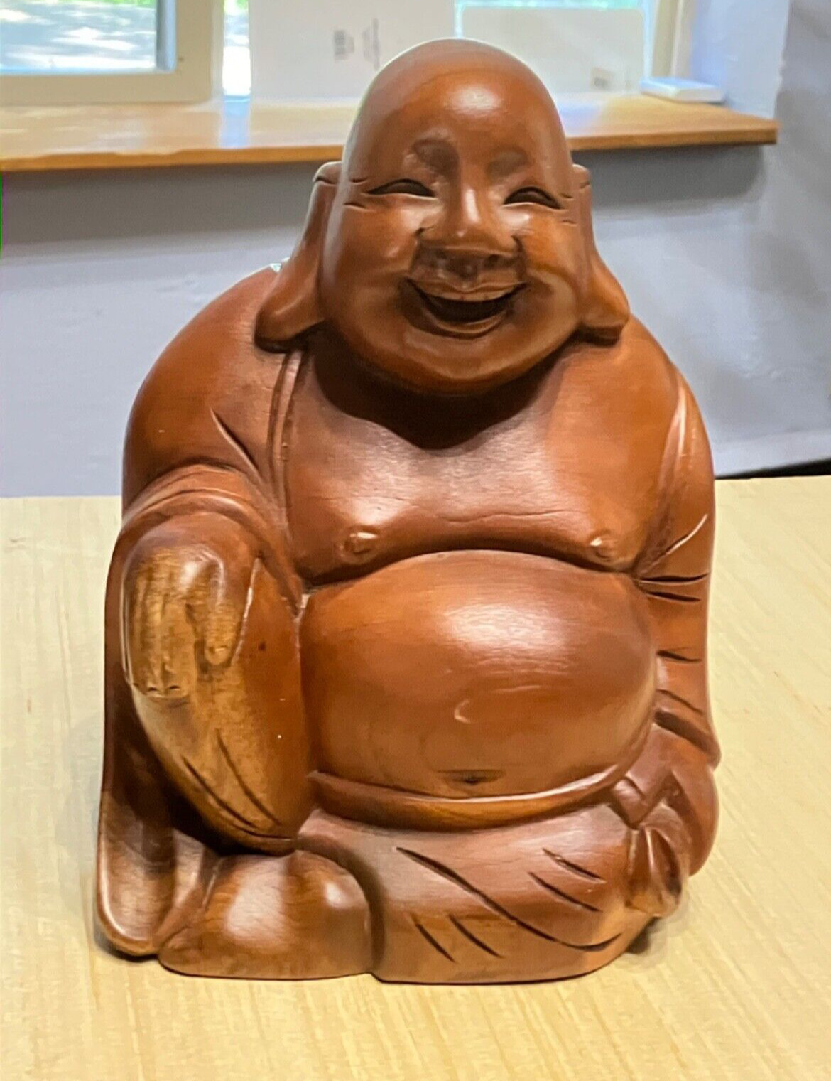 Vintage Wooden Hand Carved Happy Laughing Sitting Buddha Figure, Philippines