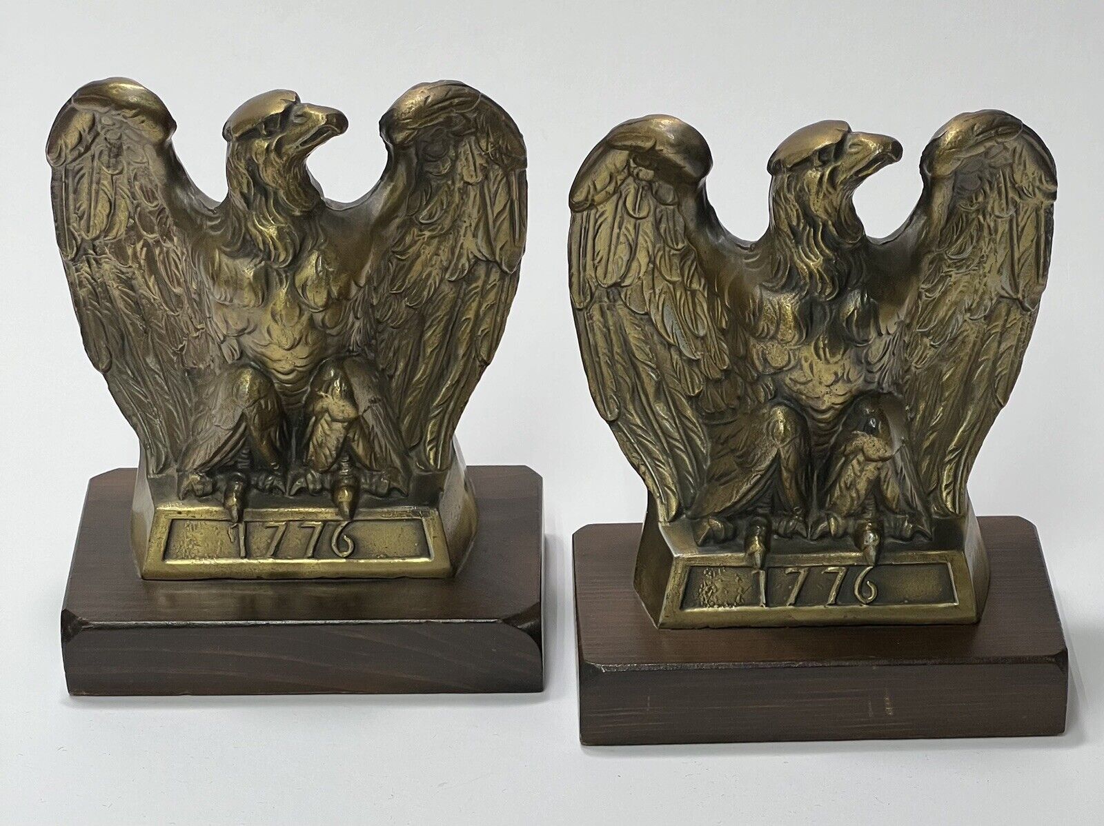 Vintage Cast Brass 1776 Eagle Bookends On Wooden Base