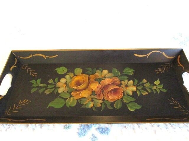 Vintage Hand Painted Muted Apricot & Pink Roses Metal Serving Display Tole Tray