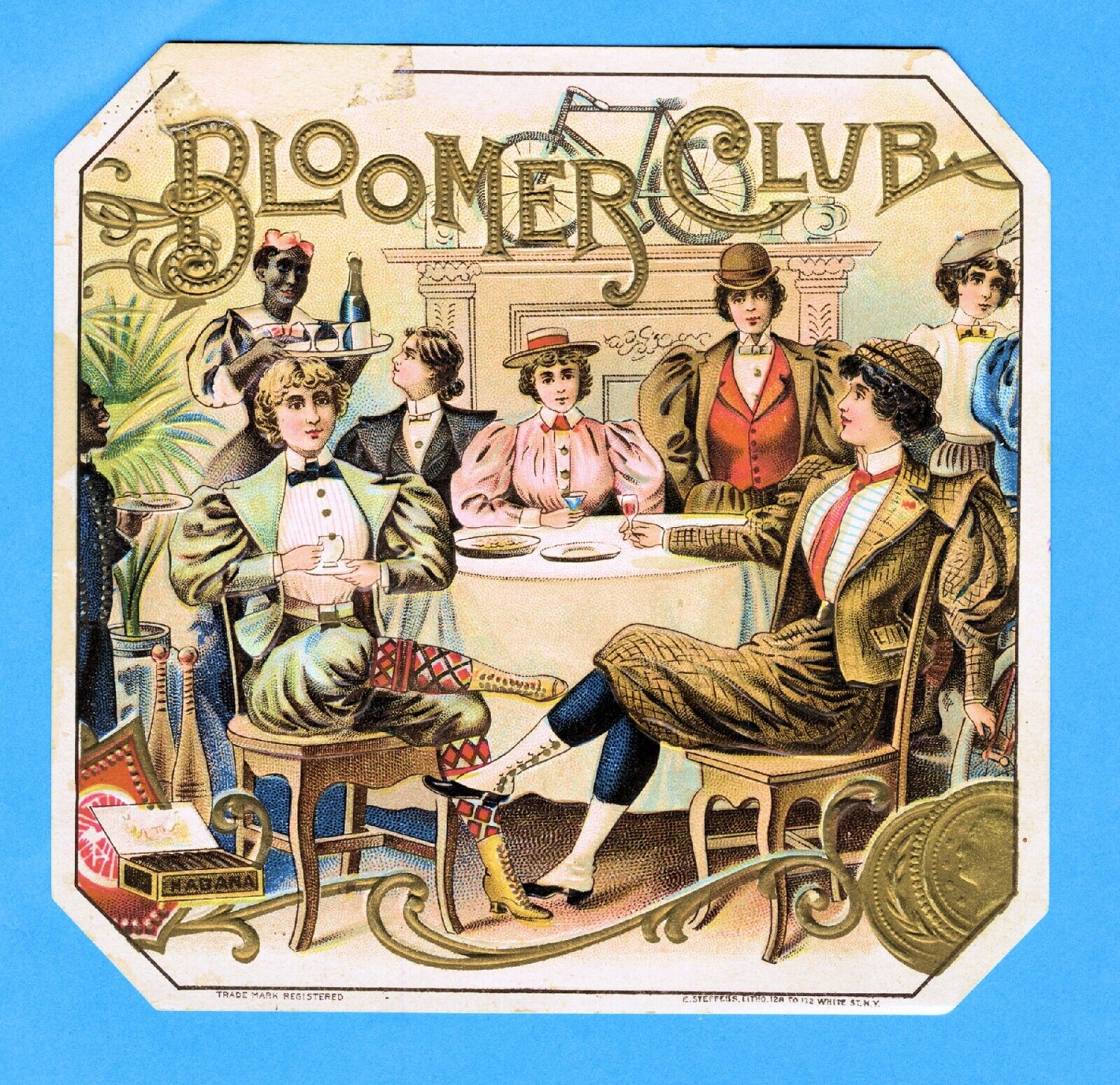 Cigar box label BLOOMERS CLUB women dressed as men circa 1905