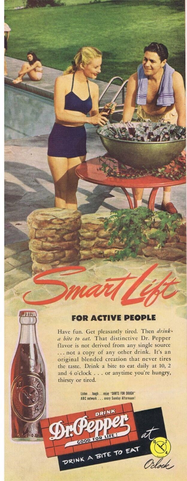 1947 Dr Pepper for Active People, pool, people in bathing suits Print Ad