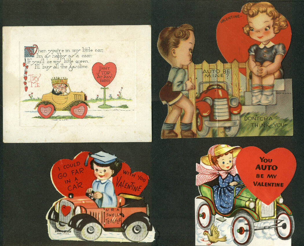 Eight different automobile motif Valentine cards 1930s-1960s Lot 15-06