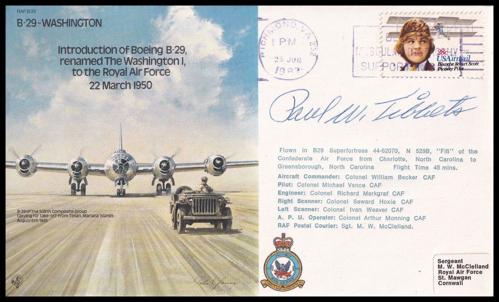 Enola Gay Captain Brig.Gen PAUL TIBBETS Signed RAF B39c B-29 Washington Cover