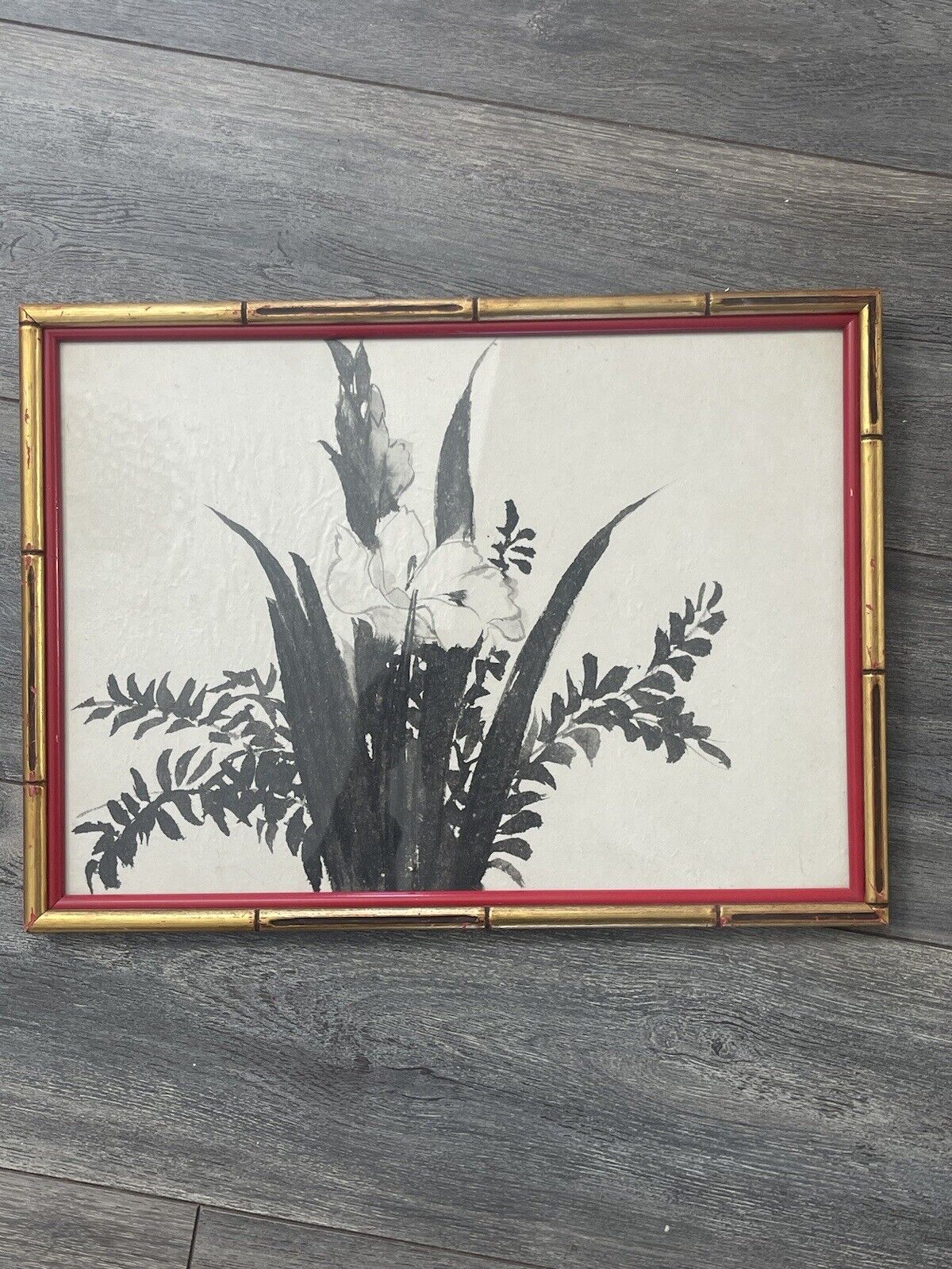 Vintage Handpainted Asian Chinese Painting Floral Golden Red Bamboo Style Frame