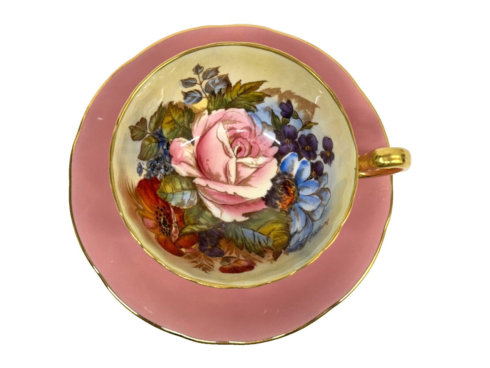 Aynsley England Cabbage Rose Tea Cup & Saucer Signed JA Bailey -- Rare Pink