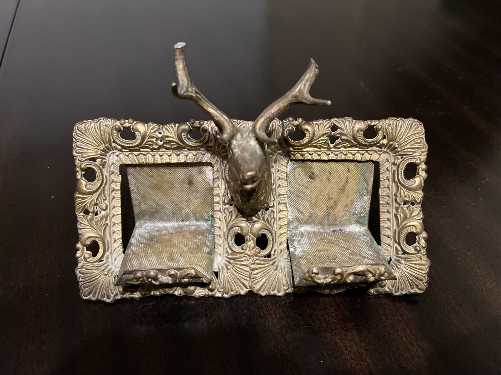 Antique Enameled Brass Stag Head Double Inkwell ANCHOR S.P. CO.