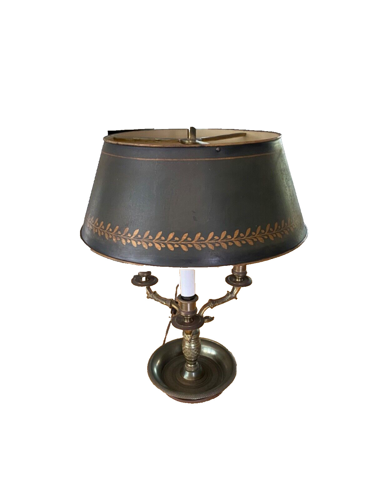 French Empire Brass Bouillette Style Lamp Green & Gold Metal Shade