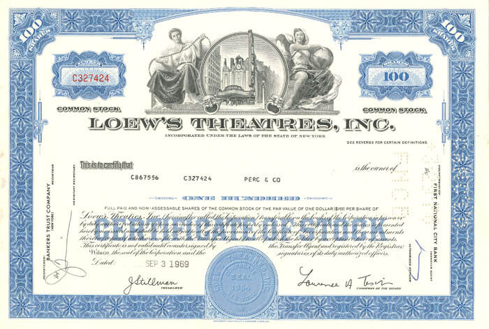 Loew's Theatres, Inc. - Stock Certificate - Entertainment Stocks & Bonds