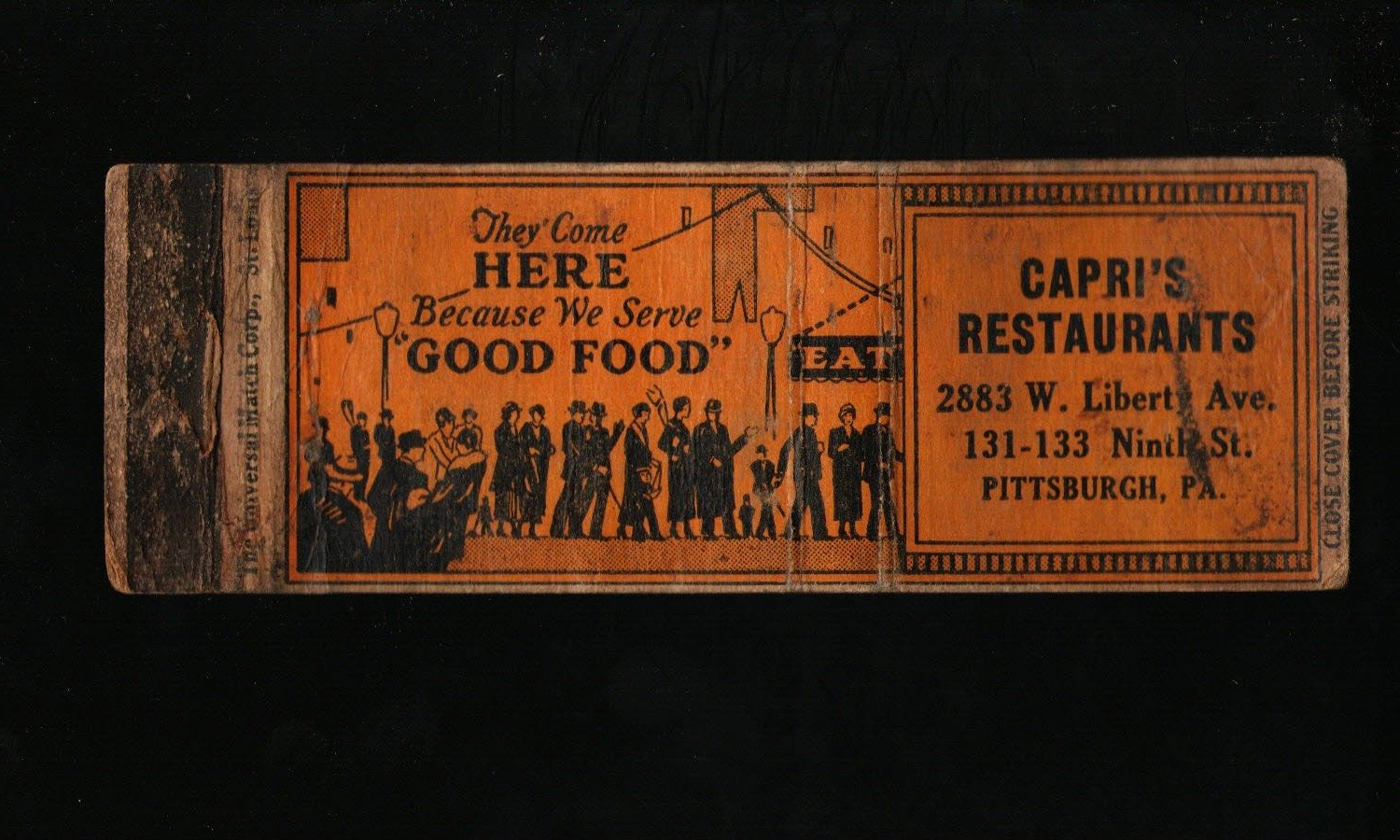 1930s Capri\'s Restaurants Liberty Ave Pittsburgh PA Universal Match Corp