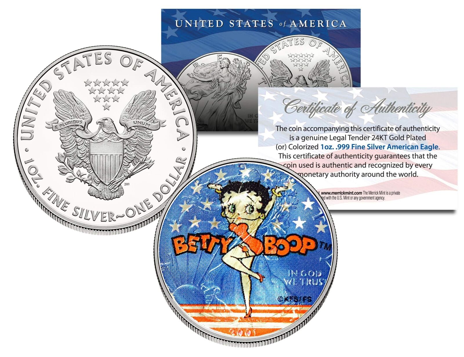BETTY BOOP American .999 Silver Eagle Dollar 1 oz Colorized US Coin * LICENSED *