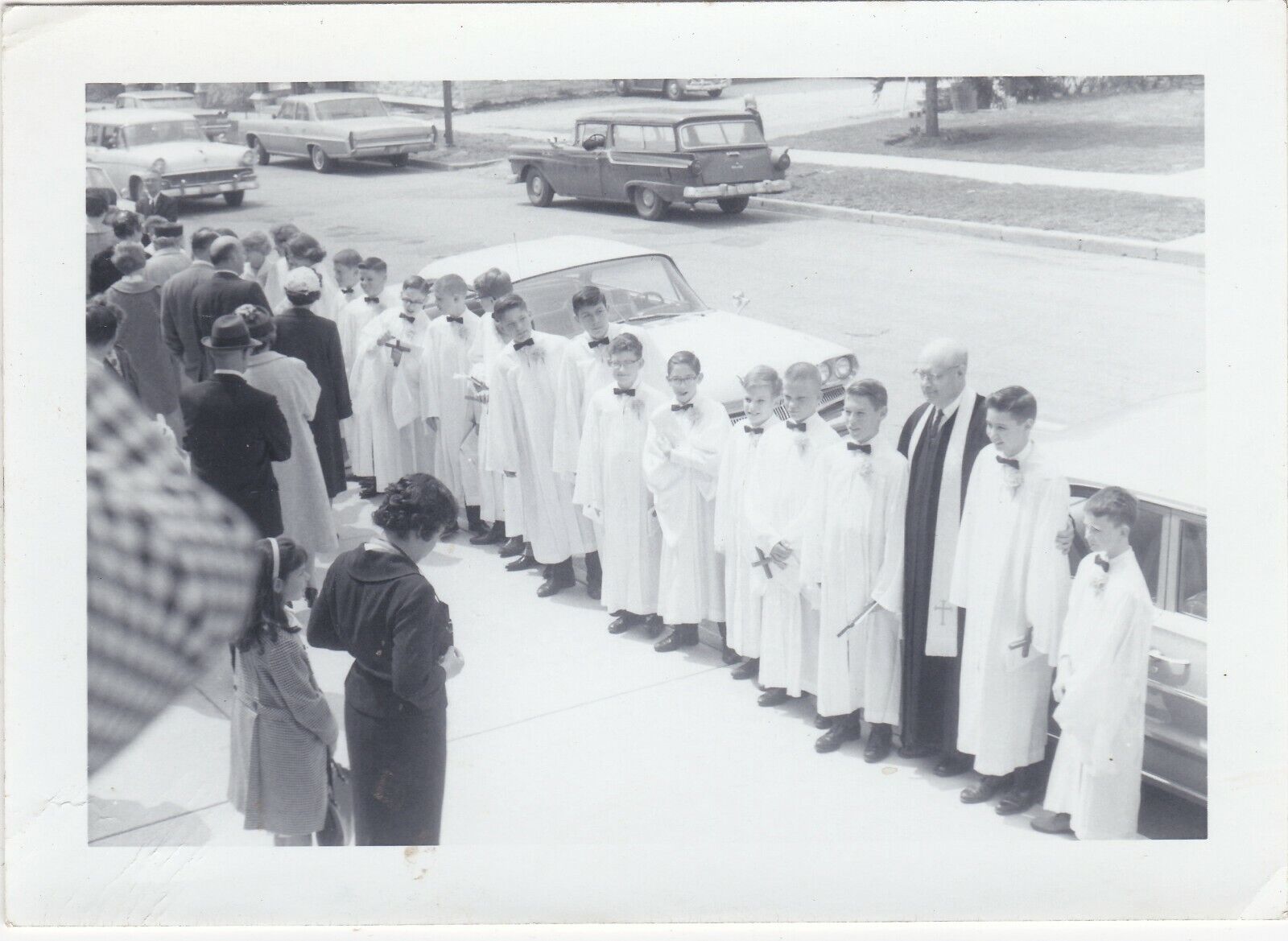 Vintage Found Photo - Alter Choir Boys Stand In Line With Priest Outside Church