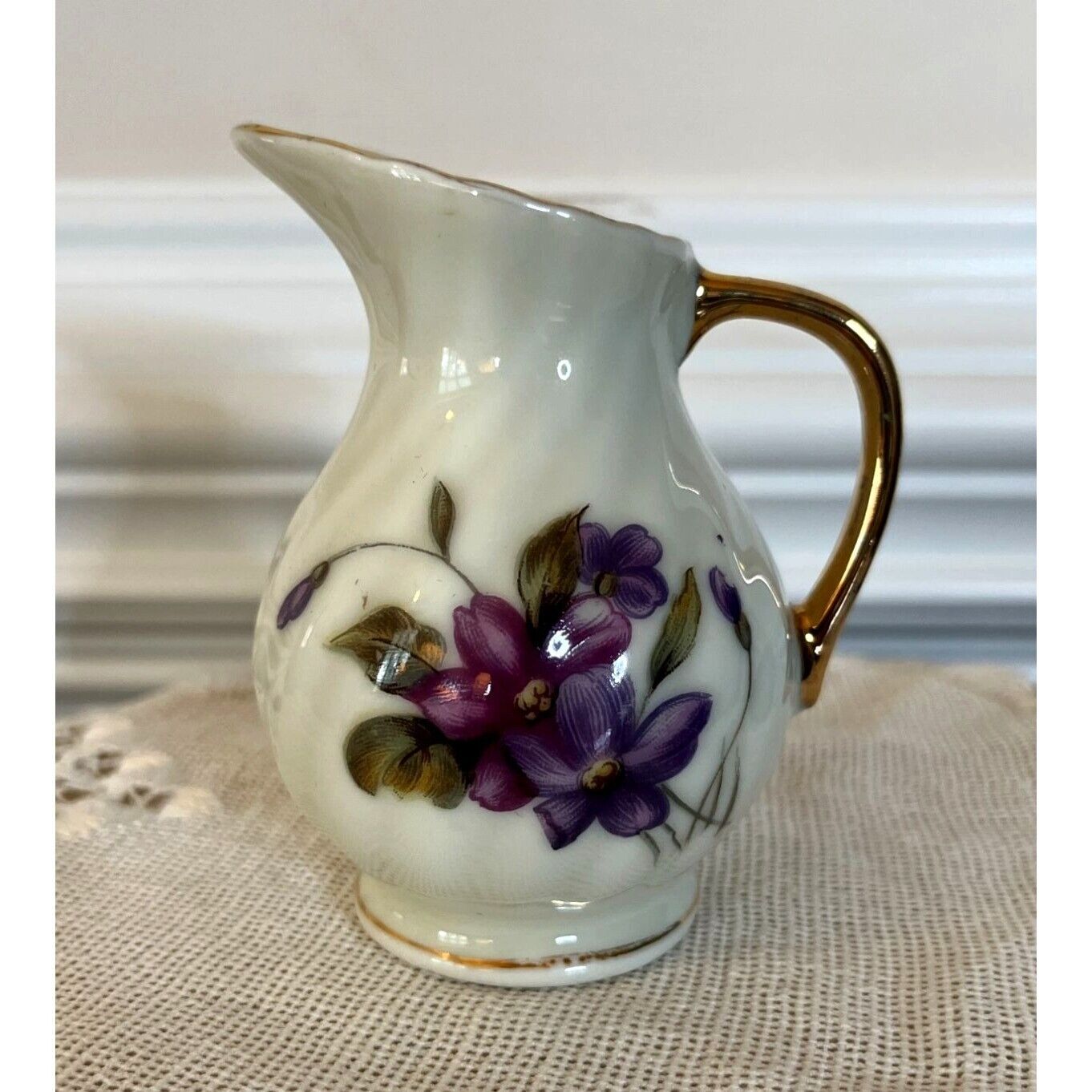 Vintage, Royal Sealey, Sm Pitcher, White Swirl Ceramic, Purple Floral, Gold Trim