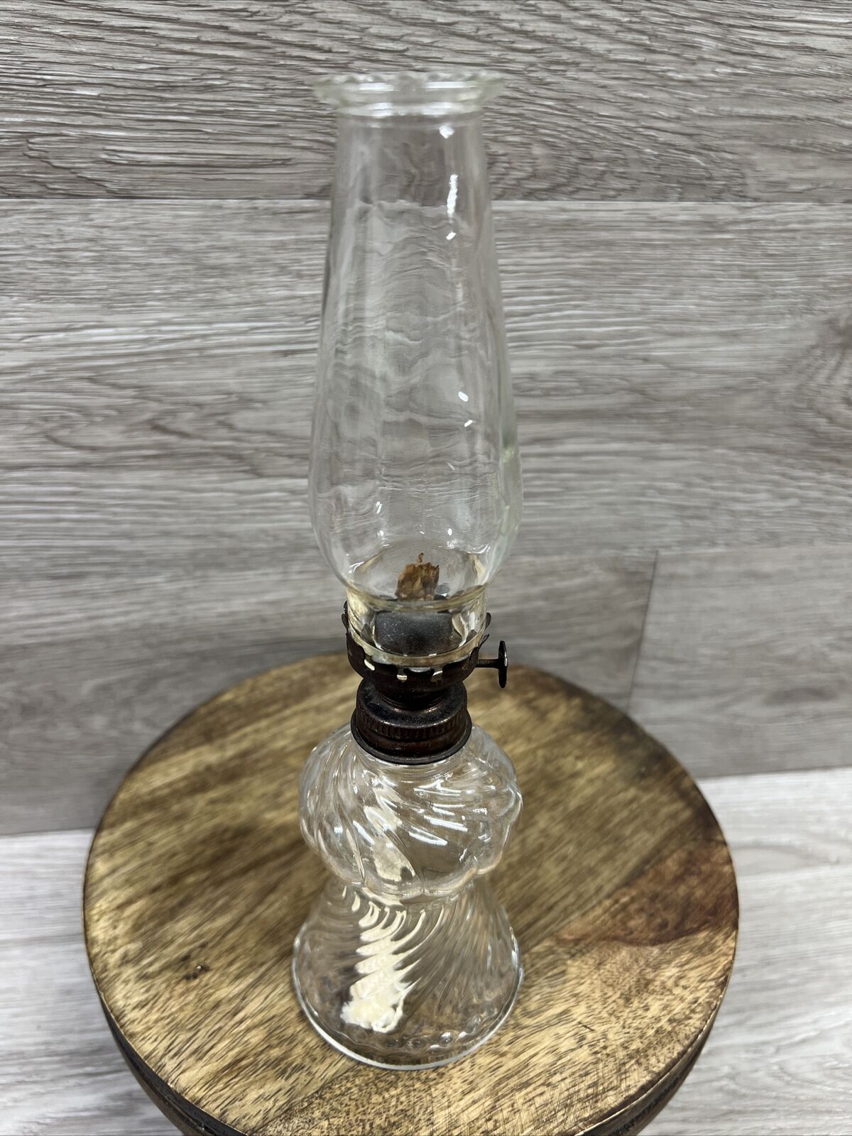 Antique/Vintage Small Swirled Glass Oil Lamp With Clear Swirled Glass Chimney #2