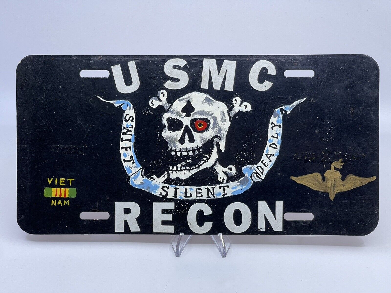 Vintage USA Marine Recon License Plate Cover Vietnam Hand Painted RARE 1970s