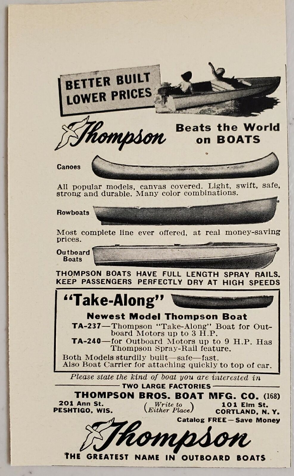 1948 Print Ad Thompson Bros. Boats Canoes, Rowboats, Outboards WI & NY