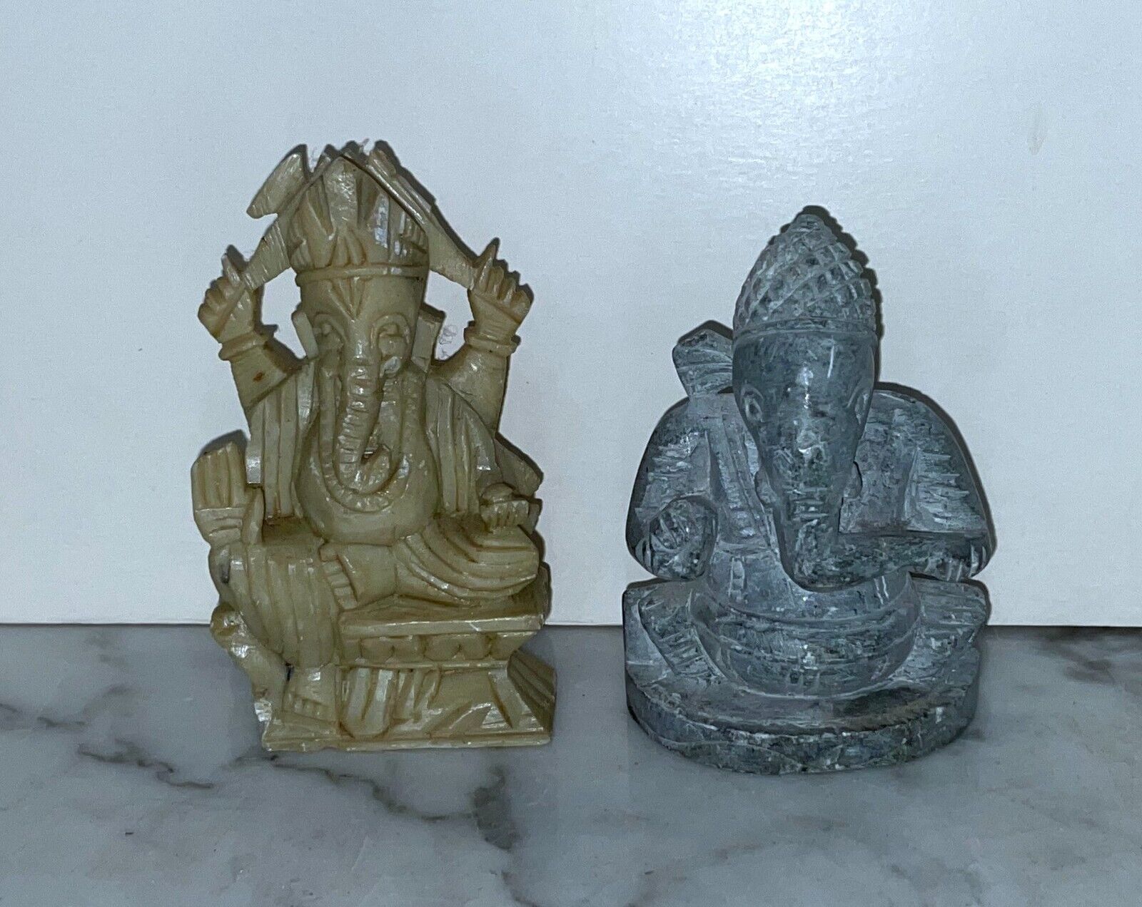 TWO BEAUTIFUL VINTAGE INDIA HINDU CARVED STONE STATUES OF LORD GANESHA