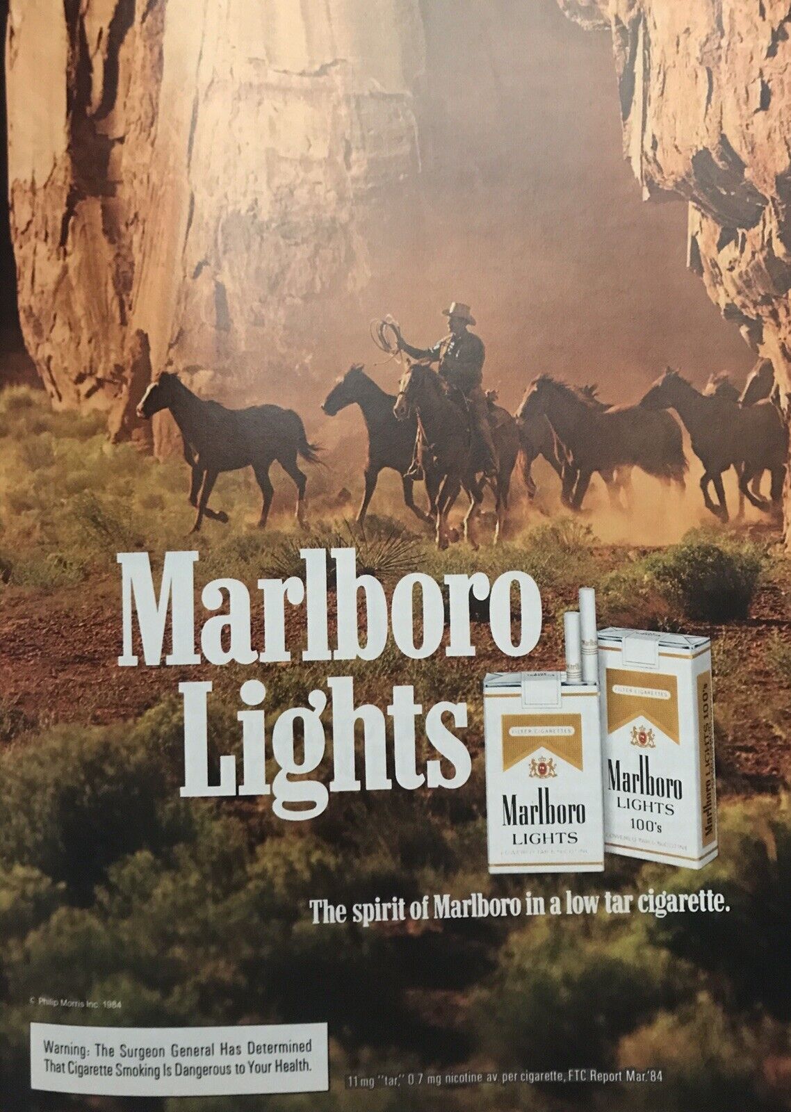 1984 Marlboro Lights Cowboy Lasso Horses PRINT AD Photo Vintage