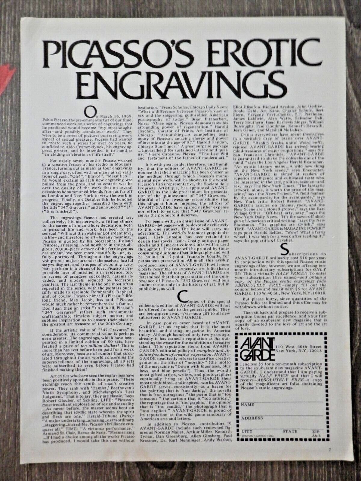 1970 PRINT AD, Picasso\'s Erotic Engravings, Avant Garde Magazine Subscription