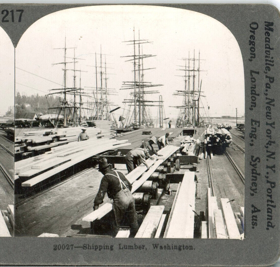 WASHINGTON, Shipping Lumber On Tall Masted Ship-Keystone Ed. Set Stereoview #217