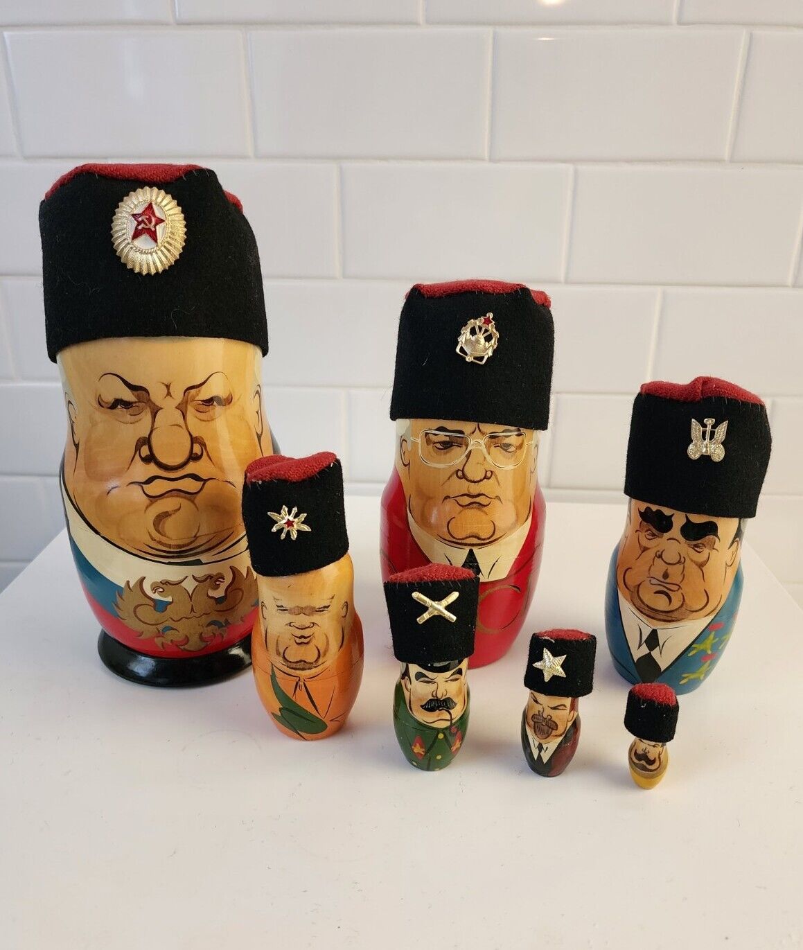 Vintage Nesting Matryoshka Russian  Leaders With Hats  - Set of 7 
