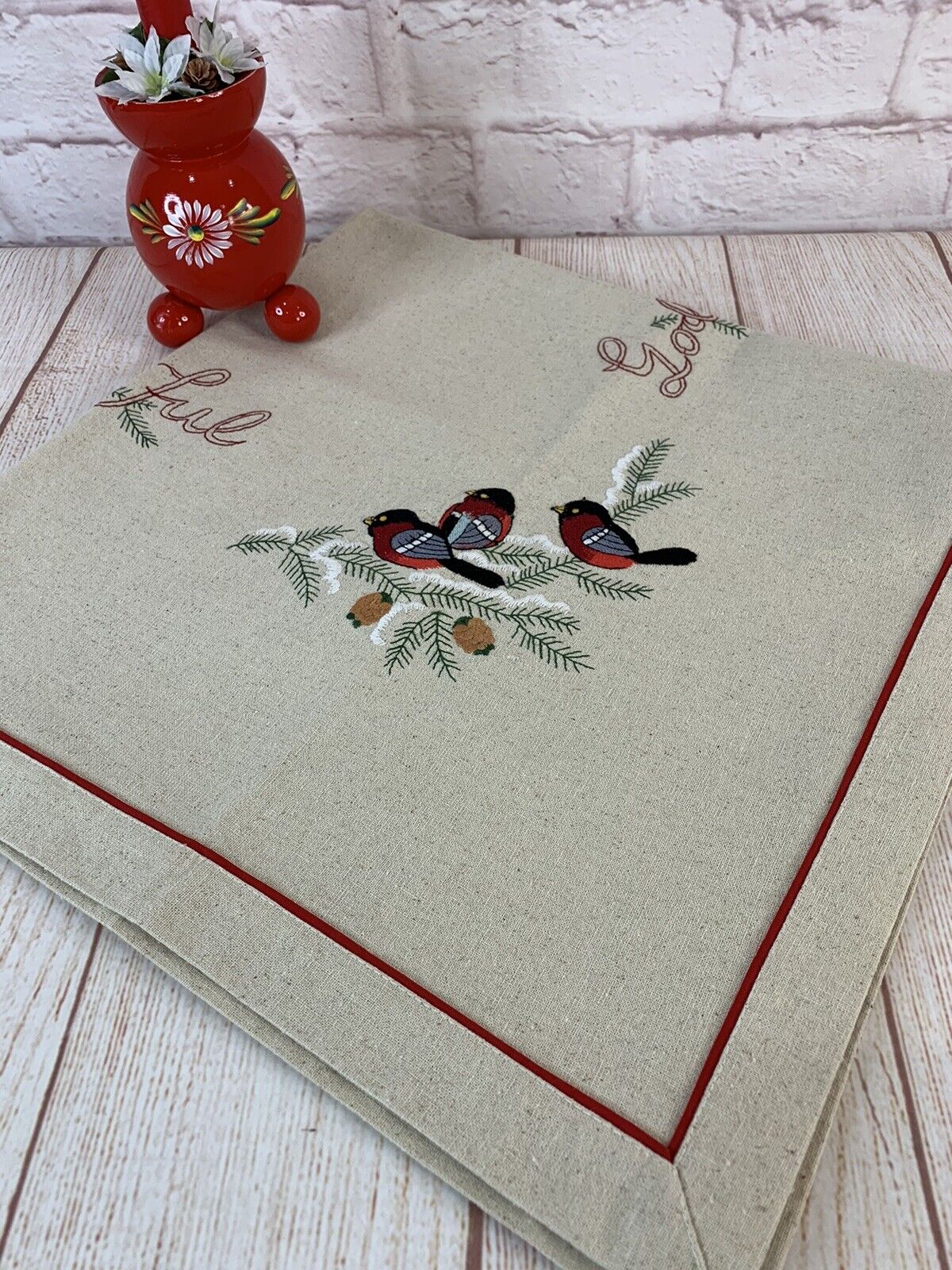 Vintage Swedish Embroidered Christmas Tablecloth GOD JUL Bullfinch Bird 33.5x33