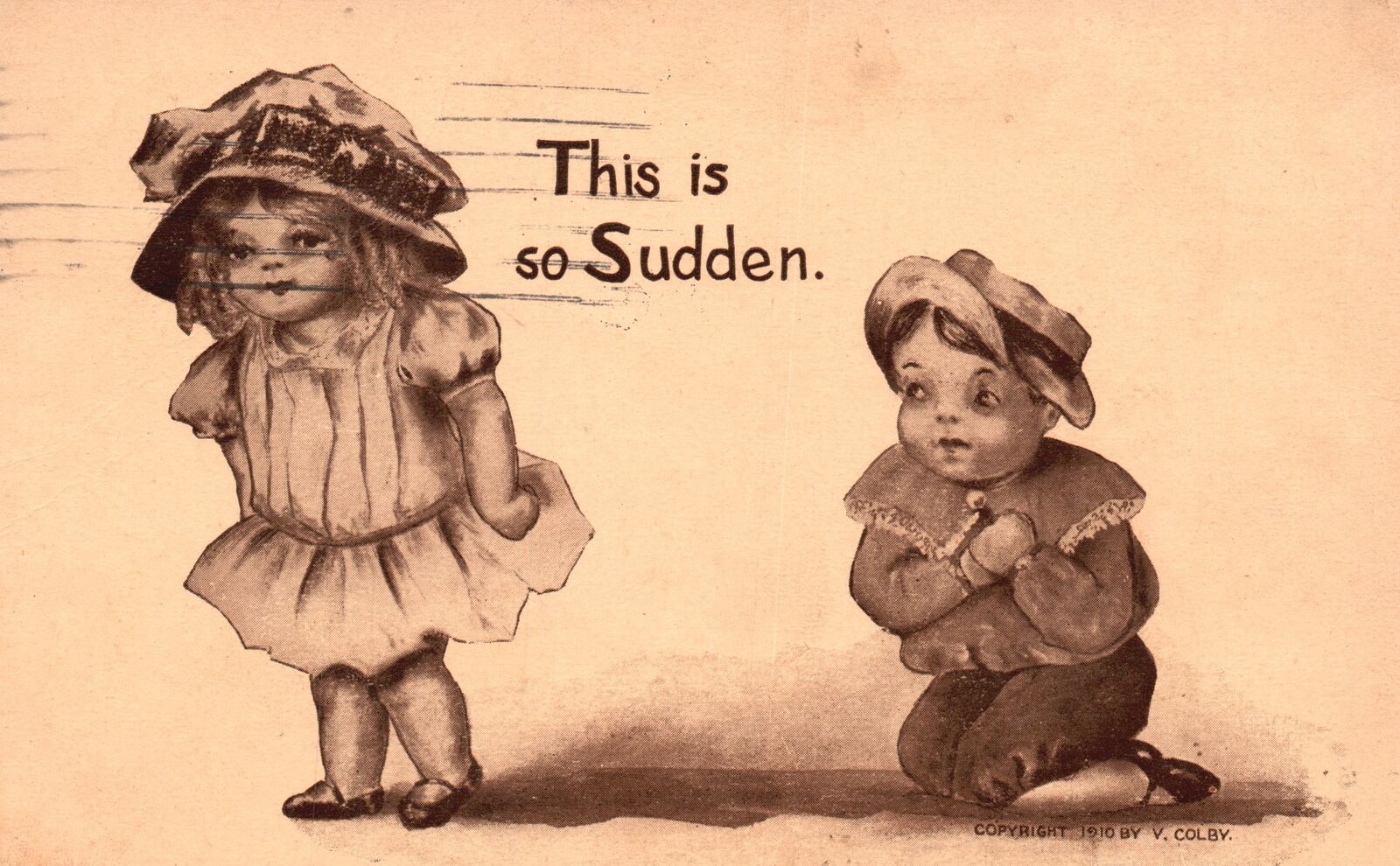 Vintage Postcard 1911 Little Girl & Boy On Knees Comic Card