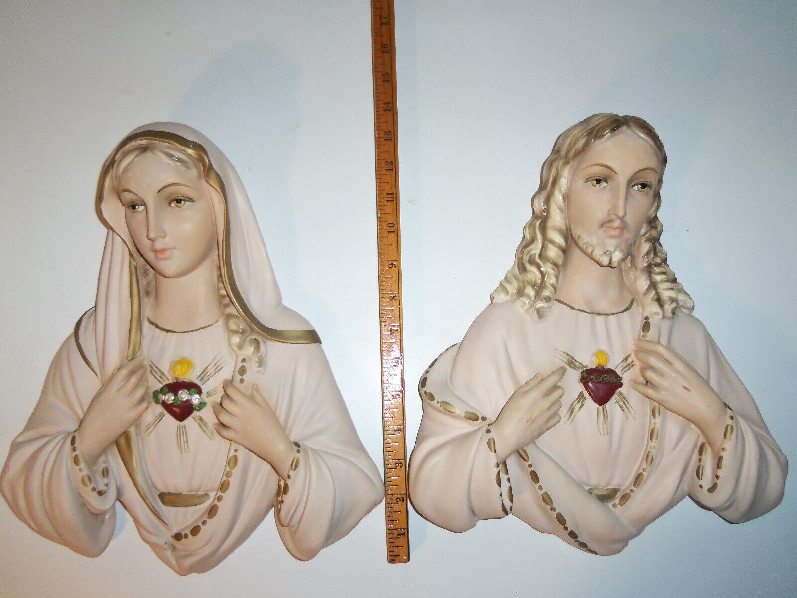 Vintage Antique 1957 Sacred Heart Jesus & Mary Chalkware 3D Wall Hanging Plaques